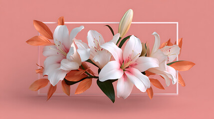 White lilies and orange leaves in a white frame on pink background
