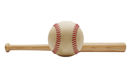 Clean composition PNG featuring natural wood baseball bat laid horizontally with white ball and red stitching centered in front, isolated on white for classic baseball posters, logos, layouts and bran
