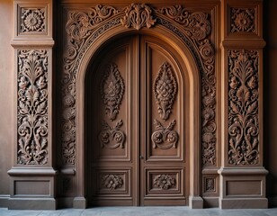 Fototapeta premium Ornate wooden double doors with intricate floral carvings and detailed trim showcase Javanese artistic style. Classical architectural element features elaborate patterns on a textured wall for entry.