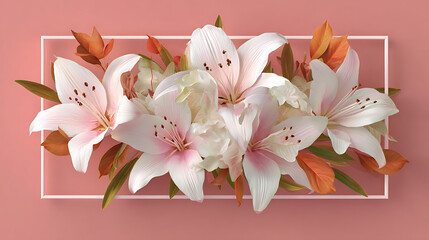 White lilies with pink centers and orange leaves in a frame