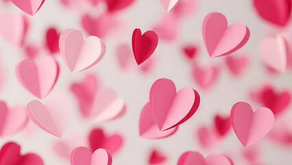 A cascade of pink and red paper hearts floating against a soft, blurred background