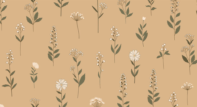 Minimalist seamless floral pattern with various delicate wildflowers and plants in a simple, elegant style on a warm beige background for textiles.