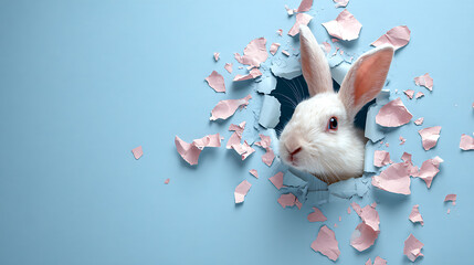 White rabbit breaking through torn blue and pink paper