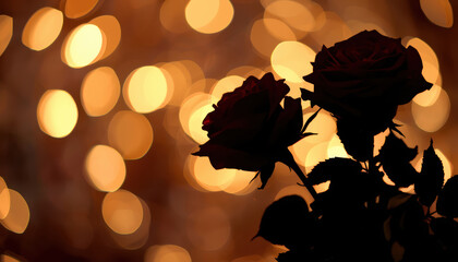 Obraz premium Silhouette rose bouquet romantic bokeh warm lights evening mood