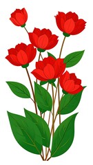 Vibrant bouquet features six red flowers with lush green leaves, displayed on a white background in an illustration style