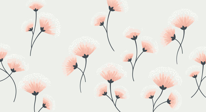 Delicate and airy seamless pattern of stylized pink dandelion-like flowers with white fluffy seeds on a light neutral background for a gentle design.