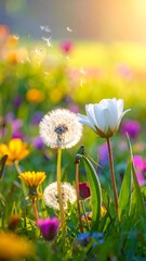 Sunny meadow view w. wildflowers and dandelion clocks blowing seeds on a bright day