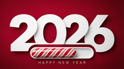 Minimalist 3D Paper-Cut Style New Year 2026 Celebration Concept Illustration Featuring Candy Cane Striped Loading Bar and Bold White Typography on Deep Red Background