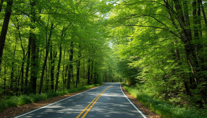 Lush green forest road with sunlit canopy and peaceful winding asphalt