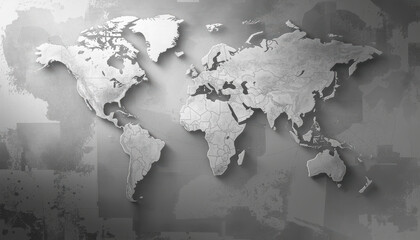 Subtle world map outline in low opacity with textured gray background, modern abstract mood