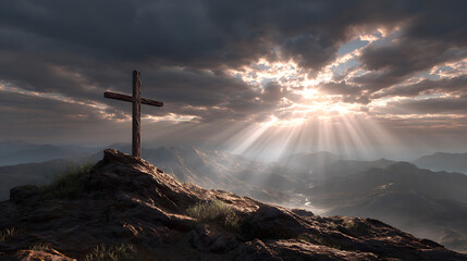 Wooden Cross on Mountain Peak with Sun Rays powerful