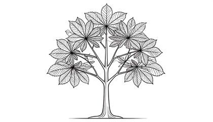 Line-art image of a tree with compound leaves radiating around a central trunk and branches, against a white backdrop