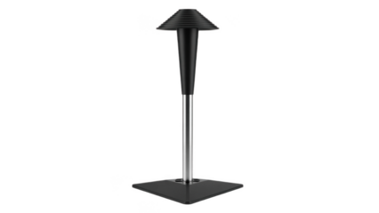 Modern batting tee PNG with flared black top, chrome stem and sturdy square base, isolated on white background, essential adjustable training aid for baseball or softball swing practice and drills

