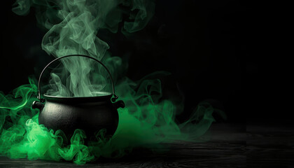 Witch cauldron with swirling green mist and eerie steam in dark moody setting