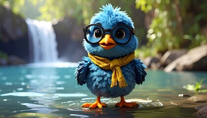 Whimsical blue bird with glasses and scarf in waterfall forest, cheerful and animated nature scene.
