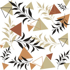 Playful geometric leaf pattern with inky black branches and warm terracotta triangles on bright white. Seamless boho background ideal for textiles, gift wrap, posters, logos, and modern decor.