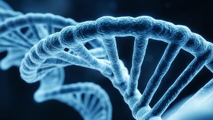 Blue dna double helix structure on dark background, genetic material concept