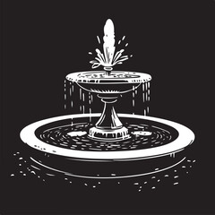 Monochrome Three Tier Garden Fountain Illustration with Cascading Water