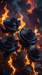 Four black roses amidst flames, with dark leaves and smoky background, creating dramatic contrasting tones