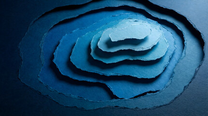 Abstract paper cut art, layers of torn paper in shades of deep blue, creating a topographic map effect