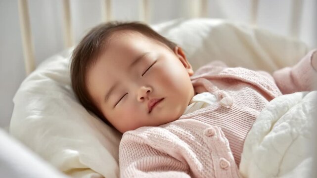 淡い桃色の衣で静かに眠る赤ちゃんのやさしい横顔
