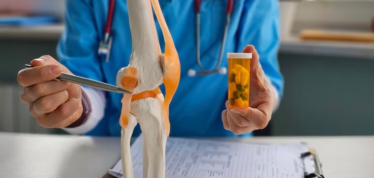 Doctor is holding medical tablets and knee joint of leg. Concept of drug treatment of diseases of knee joint concept