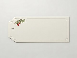 Minimalist holiday branding mockup set. Elegant flat lay with gift tags, greeting card, and evergreen branch on neutral background. Clean studio shot for e-commerce and graphic design