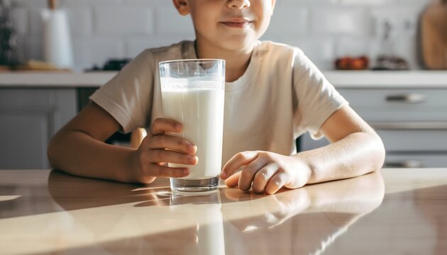 Happy young child holding a fresh glass of milk, essential for healthy growth and daily well-being