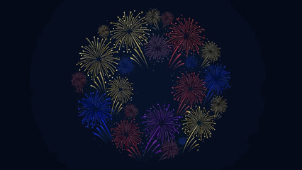 Circular Wreath of Colorful Fireworks Bursts on Dark Background