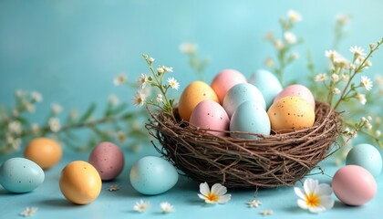 Obraz premium Easter eggs in a nest with flowers on a pastel blue background. Colorful eggs and white blossoms create a festive springtime scene. Perfect for holiday cards and decorations.