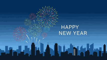 New Year Celebration Fireworks Display Over Modern City Skyline