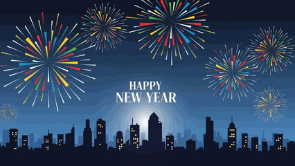 New Year Celebration Fireworks Display Over Modern City Skyline