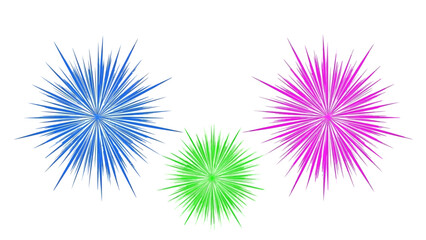 Three Vibrant Neon Starburst Fireworks Isolated on White Background