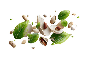 Dynamic Assortment of Floating Nuts, Shells, and Green Leaves on Black