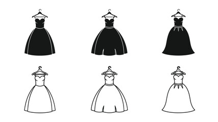 Black and white silhouettes of various formal dresses hanging on hangers © HN2.00