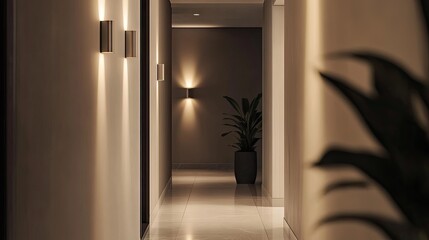 Modern hallway interior design with subtle lighting, elegant decor, and indoor plants creating a serene and inviting atmosphere for a refined space