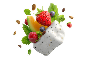 Fresh Berries, Melon, and Seeds Floating Around a White Creamy Shape