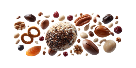 Varied Trail Mix Ingredients and Seed Sphere Scattered on Black