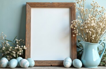 Rustic wooden frame with blank white space rests on aged wood surface near blue and white speckled Easter eggs. Dried flowers in a light blue pitcher complement this spring holiday scene.