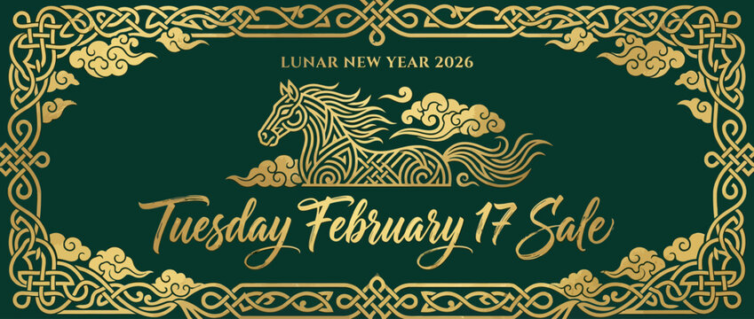 Celebrating Lunar New Year 2026, Year of the Fire Horse, with a festive greeting card sale on Tuesday, February 17, featuring traditional oriental designs