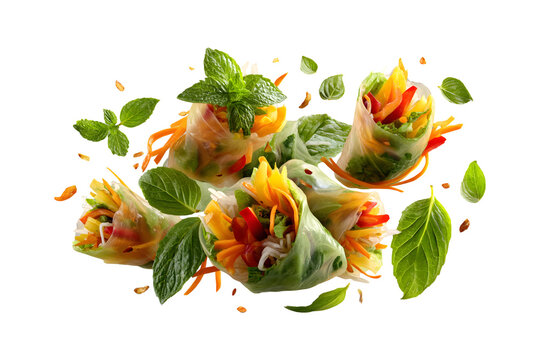 Floating Fresh Spring Rolls with Vibrant Vegetables, Mint, and Scattered Toppings