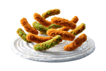 Colorful Fried Snacks Falling into Creamy White Sauce