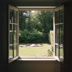 창 밖으로 보이는 맑은 여름날의 정원