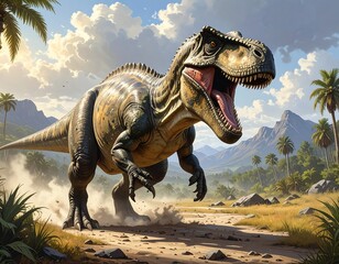 Large dinosaur stomping through a prehistoric landscape, sunlight