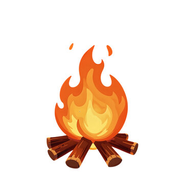 Bright campfire with cartoon flames and wooden logs