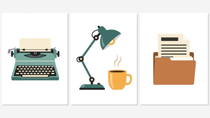 Retro workspace essentials collection featuring a vintage typewriter, desk lamp, steaming coffee, and organized documents.