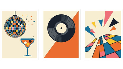 Vibrant Retro Disco Party Elements Illustration: Stylized Graphic Design Featuring Music, Drinks, and Dance Floor