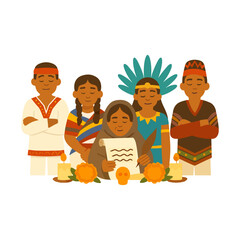 Family Celebrating Day of the Dead with Ofrenda and Traditional Attire Illustration