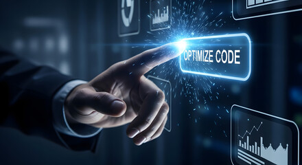 optimizing code concept with finger pressing glowing button on futuristic interface for software development