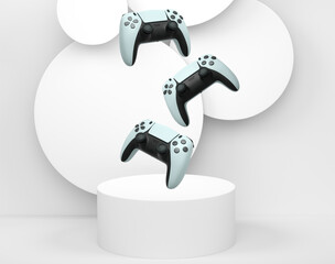 Colorful gaming controllers joystick levitating over podium against abstract background, minimalist concept device on pedestal © Vasyl Onyskiv